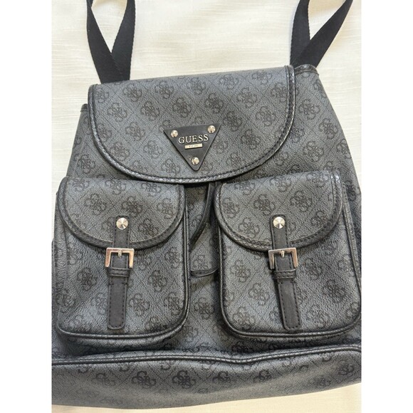 Guess Women’s Double Front Pocket Logo Backpack Handbag In Black/Gray - Picture 3 of 8